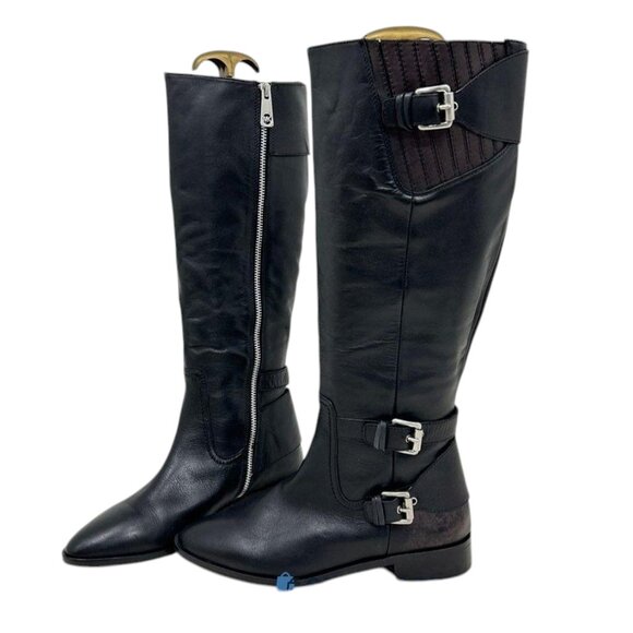 Michael Kors Tatum Buckle Knee High Leather Riding Boots Zip Up Black Women's - Picture 1 of 16